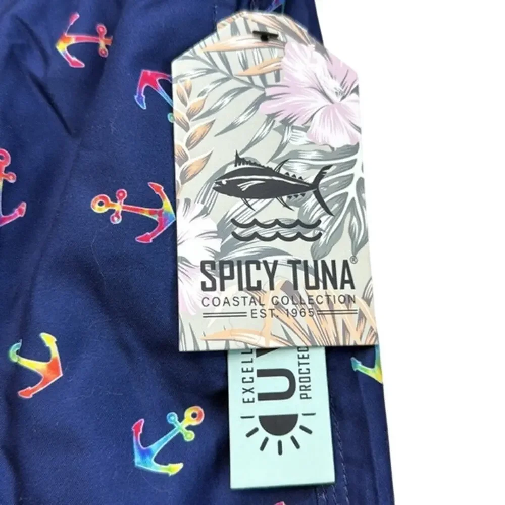 New Men's Spicy Tuna Navy Blue Colorful Anchors Design Swim Shorts Trunks Size L